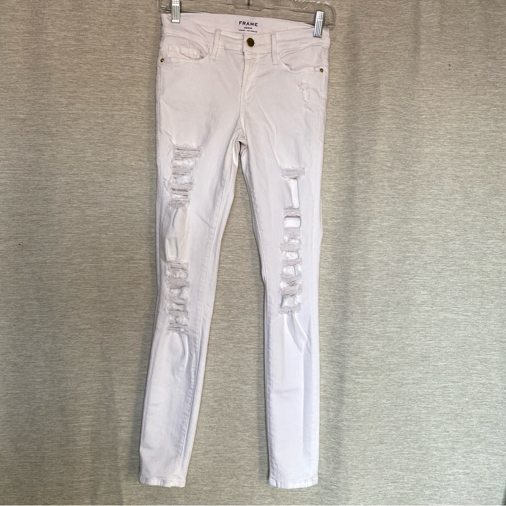 Frame Denim The Skinny Off-White Distressed Jeans 26